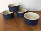 1008 Emile Henry Set Of Custard Cups Ribbed Blue Ramekins France