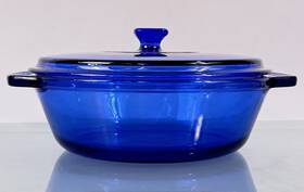 3-1038 Anchor Ovenware Colbalt Blue 9 Inch Casserole Dish Glass Round 2 Qts Deserts With Lid