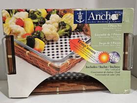 Anchor Hocking 076440811612 3-piece Set Glass Baking Dish With Basket And Hot/cold Pack New