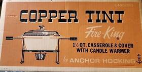 L400 Anchor Hocking Vintage Fire King Copper Tint Casserole Cover W Candle Warmer 1 1/2 Quart
