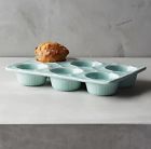 Anthropologie Adelaide Muffin Cupcake Dish Pan Scrollwork Aqua Earthenware Nib