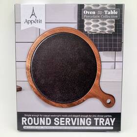 Appetit 041979207793 Ovensafe 9.5 Inch Round Porcelain Serving Tray With Bamboo Base/handle