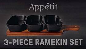 Ap-ott-3rs Appetit Ramekin Bowl 3pc Set With Bamboo Tray Black Oven/microwave/dishwasher Safe