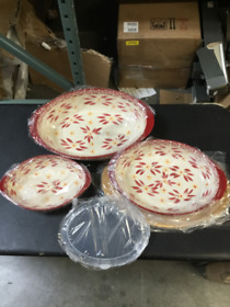 K308334 As Is Temp-tations Old World Set Of 3 Oval Bakers With Wood Board Lid Cranberry
