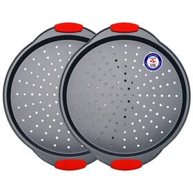 Bakken- Swiss 850045904074 Pizza Tray 2 Round With Silicone Handles Carbon Steel Pan Hole