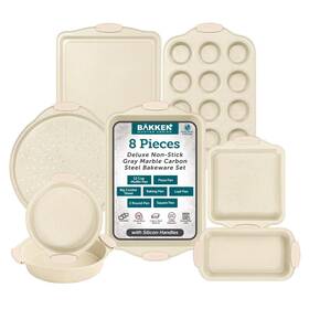 Bakkenmaster 850059994047 Deluxe 8-piece Carbon Steel Bakeware Set - Nonstick White Marble