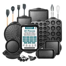 Bakkenmaster 850059994092 18-piece Kitchen Oven Baking Set Nonstick Gray Marble Coating Carbon Steel