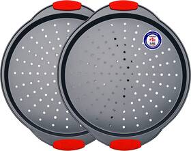 Bakpiza22 Bakkenmaster Pizza Tray 2 Round With Silicone Handles Carbon Steel Pan Holes A