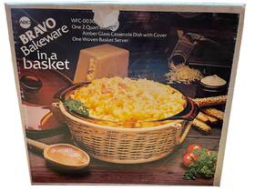 Wfc-003g Bravo Abc Vintage Bakeware 2 Quart Round Amber Glass Dish Woven Basket Server