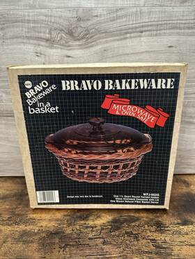 Wfj-002g Bravo Abc Vintage Bakeware 1.5 Quart Amber Glass Dish Woven Basket Server