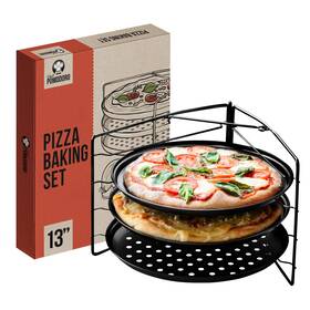 Chef Pomodoro 810116040186 Pizza Baking Set With 3 Pans And Rack 13in Non Stick Tray Perforated Oven Grill
