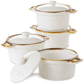 S2303 Contenpo Ramekins With Lids 12 Oz Ceramic Small Casserole Dish Handles And Brown Rim