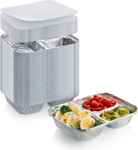 Dcs Deals 643950435234 Disposable Aluminum Dinner Tray With Paper Lids Inch 3 Compartment Foil Pan For O