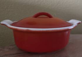 Fe14 Descoware Vtg Belgium Flame Orange Mini Casserole Enameled Cast Iron 7 Inch