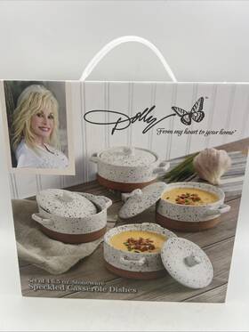 Dolly Parton 048552618137 Set Of 4 Speckled Stoneware Casserole Dishes With Lids - Brand New Dolly Parton 048552618137 Set Of 4 Speckled Stoneware Casserole Dishes With Lids - Brand New