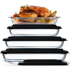 Ex-glsscntnr-4pc-blk Eatex 4/8 Pack Baking Pans Set Glass Food Storage Containers With Lids Serving Dish