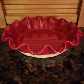 0507 Emile Henry France Red Deep Dish Ruffled Edge 10.25 Pie Plate Glazed Ceramic