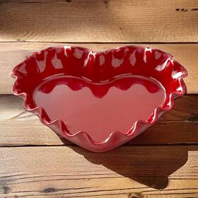 416443 Emile Henry Sturdy Ruffled Heart Pie Dish Red Made In France