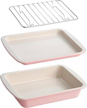 Epoca 313107033094 3pc Pink Nonstick Toaster Oven Bakeware Set Cake Pan Tray Rack Carbon Steel
