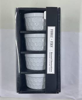 Fiddle & Fern 786460153110 And Honeycomb Round Ramekins - 4 Pieces New White Porcelain 4oz