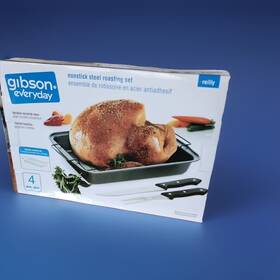 Gibson 085081313386 Everyday 4 Piece Nonstick Steel Roasting Pan Set With Knife And Fork