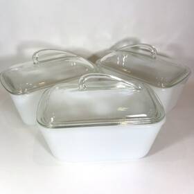 J-805-14 Glasbake Set 3 Vtg Milk Glass Pan Sharkfin Lid Refrigerator Casserole Usa 1.5 Qt