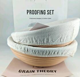 Grain Theory 850045953584 9 Inch Round Banneton Proofing Basket Set With Linen Liner Sourdough Bread Baking