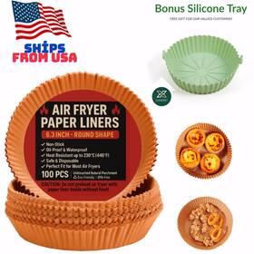 Gulberry 601527545359 100 Pcs Air Fryer Paper Liners 6.3 Inch Disposable Non-stick Bonus Silicone Tray