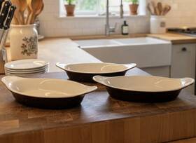 Ov-972 Halco Vtg Korea Ceramic Oval Au Gratin Baking Dish Set Brown Cream Oven Safe 3pc