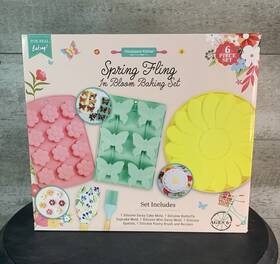 Gd0122 Hanstand Kitchen 6pc Silicone Baking Set Spring Fling In Bloom 3 Molds 2 Utensils Recipes New