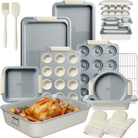Bks04 Kikcoin 25 Pcs Stackable Baking Pans Set Non-stick Bakeware Large Cream
