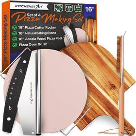 Kitchenstar 731851526196 16 Inch Pizza Making Kit Set Of 4 Tools - Stone With Ss Rack Acacia Wood