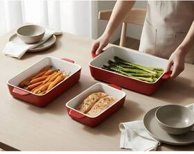 Kook 850010971803 Ceramic Bakeware Set Rectangular Baking Dishes Of 3. Cherry Red