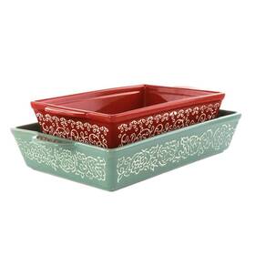985119489m Laurie Gates Baker Set 2pc Stoneware Red Mint Wax Relief Oven Microwave Safe