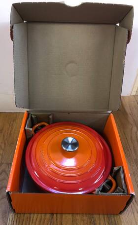 Le Creuset 024147322818 New In Box Risotto Pot 3.5 Quart #24 Volcanique Flame Dutch Oven Le Creuset 024147322818 New In Box Risotto Pot 3.5 Quart #24 Volcanique Flame Dutch Oven