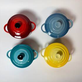 Le Creuset 630870272803 Mini Cocotte Set Of 4 8oz Red Blue Soleil Chambray Stoneware 2nd
