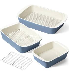 Le Tauci 445024828835 Ceramic Deep Casserole Dish Set With Racks Dusty Blue 3 Sizes Gift For Mom