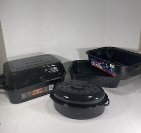 Lot Of 4 Enamel Roasters Granite Ware 25lb New Ceramic On Steel 22lb 2 Read