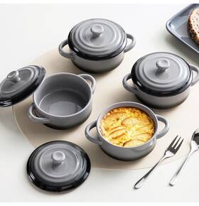 Lc-bk-bg-001-1 Lovecasa 12oz Mini Cocotte Set Of 4 With Lids - Gradient Gray Ceramic Ramekins
