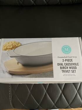 Martha Stewart 085081522399 2-piece Enameled Cast Iron Oval Casserole/ Birch Wood Trivet Set Martha Stewart 085081522399 2-piece Enameled Cast Iron Oval Casserole/ Birch Wood Trivet Set