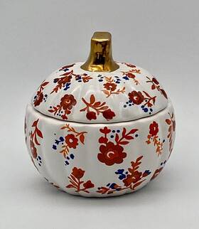 Hy20521 Martha Stewart Harvest Floral Print Pumpkin Ceramic Box Or Cocotte Orange Blue