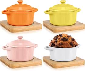 Tn-mimorou-2735 Mimorou 4 Set 7 Oz Ceramic Mini Cocotte With Lid And Wooden Base Small Casserole Dishes