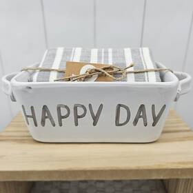 48010083d Mud Pie Mini Baker Towel Set Bread Loaf Happy Day White Gray Striped Gift New