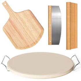 Numhew 313047331304 5-piece 13 Inch Round Pizza Stone Set With Peel Serving Rack Cutter