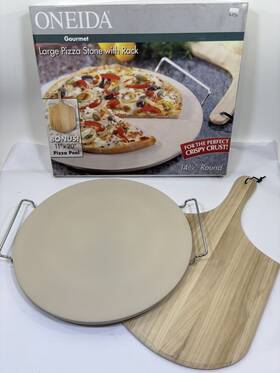 05846 Oneida Gourmet 14 3/4 Inch Ceramic Pizza Baking Stone With Serving Rack And Wood Peel