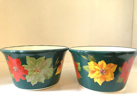 Pair Of New Pioneer Woman 7 Oz Ramekins Dark Green Floral Poinsettia Pattern