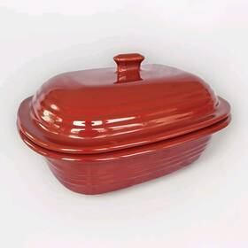 010807 Pampered Chef The Stoneware Cranberry Red Deep Covered Oval Casserole 3.1 Qt
