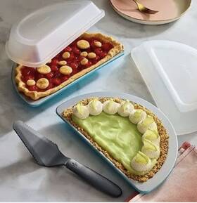 101386 Pampered Chef New Half Pie And Server Set 2 Pans Lids Oven-safe To 450 F