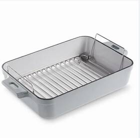 Eci-1410 Pampered Chef 14 Inch X 10 Gray Enameled Cast Iron Pan With Wire Rack New In Box