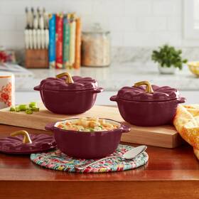 Pwd4968818141df Pioneer Woman Mini Pumpkin Cocottes 3pc Set Ceramic Casserole Dish Merlot 13.5oz